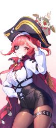 1girl absurdres bald_eagle bicorne bird black_shorts blush breasts cape cosplay eagle hand_on_own_hip hat highres hololive houshou_marine jacket large_breasts long_hair looking_at_viewer necktie pantyhose pirate red_eyes red_hair red_necktie shirt shorts smile solo takane_lui takane_lui_(cosplay) thigh_strap twintails virtual_youtuber white_background white_shirt yoru_(yorjang2)