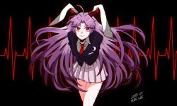 1girl animal_ears artist_name black_jacket dated heartbeat highres jacket leaning_forward long_hair looking_at_viewer miniskirt necktie parted_lips purple_hair rabbit_ears rabbit_girl red_necktie reisen_udongein_inaba rhodium_(rh) skirt solo straight-on touhou
