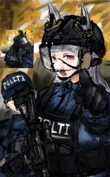 1boy 1girl animal_ears assault_rifle bdp_lee black_gloves black_vest blue_jacket commentary face_shield gloves gold_ship_(umamusume) grey_hair gun helmet highres horse_ears horse_girl jacket load_bearing_vest open_mouth photo-referenced photo_inset pointing pointing_at_viewer police police_uniform red_eyes rifle riot_police tactical_clothes tongue tongue_out umamusume vest weapon