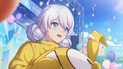 1girl :d balloon blue_eyes blue_sky cloud cowlick day double_bun game_cg hair_bun happy_tears highres holding_mascot_head honkai_(series) honkai_impact_3rd kiana_kaslana mascot_costume official_art open_mouth outdoors sky smile solo tears upper_body white_hair