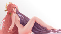 1girl absurdres animal_ears breasts completely_nude earrings floppy_ears fox_ears genshin_impact highres jewelry long_hair lx6483724 nude pink_hair purple_eyes simple_background solo white_background yae_miko