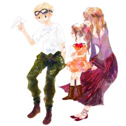 1boy 2girls aerith_gainsborough blonde_hair boots bow bowtie brain_buster breasts brown_footwear brown_hair child cid_highwind closed_eyes clothes_around_waist dress final_fantasy final_fantasy_vii final_fantasy_vii_rebirth final_fantasy_vii_remake full_body goggles goggles_on_head green_pants hair_bow holding holding_paper_airplane ifalna laughing long_hair long_sleeves looking_at_another medium_breasts mother_and_daughter multiple_girls orange_dress pants paper_airplane pink_bow purple_shirt red_bow red_bowtie red_skirt sailor_collar shirt shirt_around_waist short_hair short_sleeves skirt smile square_enix t-shirt talking white_background white_sailor_collar white_shirt wide_sleeves
