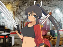 1girl black_hair black_sports_bra blush bookshelf box breasts cabinet cardboard_box cave chair collarbone dark-skinned_female dark_skin green_eyes hair_ribbon hanging_light high_ponytail holding holding_sword holding_weapon homura_(senran_kagura) indoors jacket katana large_breasts light_bulb linea_alba long_hair looking_at_viewer midriff monitor multiple_swords navel official_art open_clothes open_jacket ponytail red_track_jacket red_track_suit ribbon senran_kagura senran_kagura_new_link senran_kagura_shoujo-tachi_no_shin&#039;ei smile smirk solo sports_bra sword table tan track_suit tsuba_(guard) tsuka-ito upper_body v-shaped_eyebrows very_long_hair weapon white_ribbon yaegashi_nan
