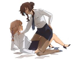 2girls black_pantyhose black_shoes black_skirt blue_hair blue_necktie blue_shirt blush brown_hair closed_eyes closed_mouth commentary english_commentary hair_bun hand_on_another&#039;s_shoulder hand_on_another&#039;s_thigh hand_on_own_hip herta_(honkai:_star_rail) high_heels highres honkai:_star_rail honkai_(series) long_sleeves multicolored_hair multiple_girls necktie nervous_sweating office_lady pantyhose paper parted_lips ruan_mei_(honkai:_star_rail) shirt shoes simple_background skirt straddling streaked_hair sweat white_background white_shirt youmayb_onmymin yuri