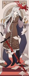 Rule 34 | 1girl, absurdres, black boots, black cape, blue eyes, boots, brown background, brown dress, cape, collared dress, column, dikke, disembodied hand, dress, expressionless, full body, grey hair, hair intakes, hair over shoulder, hand up, high heels, highres, holding, holding sword, holding weapon, knee boots, lan&#039;ai jizhen huanzhe, long dress, long hair, long sleeves, looking at viewer, paper, pillar, red carpet, reverse:1999, solo, standing, sword, watermark, weapon, weibo watermark