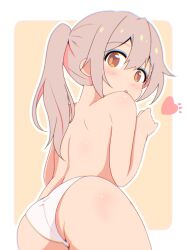 1girl :o ass back blush border brown_eyes commentary from_behind genderswap genderswap_(mtf) hair_between_eyes heart highres loli long_hair looking_at_viewer looking_back onii-chan_wa_oshimai! open_mouth outline outside_border oyama_mahiro panties pink_hair ponytail simple_background solo topless_female underwear underwear_only unkimo white_border white_outline white_panties yellow_background