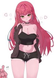 Rule 34 | !, !!, 1girl, absurdres, animal collar, aqua streaks, arm at side, black camisole, black cardigan, black collar, black nails, black shorts, blush, breasts, camisole, cardigan, cha-shion, cleavage, closed mouth, collar, collarbone, commentary request, cowboy shot, creature, crop top, dot nose, film grain, fingernails, green eyes, green streaks, hair ornament, hairclip, hanako nana, hand up, heart, highres, korean commentary, large breasts, licking lips, long hair, long sleeves, looking at viewer, loving aura, midriff, multicolored hair, nail polish, navel, off shoulder, open cardigan, open clothes, peto (hanako nana), pink streaks, red hair, short shorts, shorts, simple background, smile, solo focus, standing, stellive, straight-on, straight hair, strap slip, streaked hair, tongue, tongue out, v, virtual youtuber, white background, x hair ornament