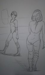 2girls artist_request catfight greyscale highres monochrome multiple_girls sketch sketchbook tagme wrestling wrestling_outfit wrestling_ring