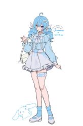 1girl :d ahoge alternate_costume bag blue_hair bow bowtie dress_shirt frown grey_shirt grey_skirt gwen_(league_of_legends) hair_bow hair_ribbon highres league_of_legends long_sleeves open_mouth pelicana rabbit ribbon shirt shoes shoulder_bag simple_background skirt smile socks solo white_background white_bag white_bow white_bowtie