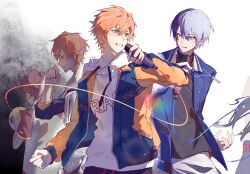 Rule 34 | 2boys, aoyagi touya, ball, black shirt, blonde hair, blue hair, blue jacket, cable, chinese commentary, commentary request, drawstring, grey eyes, grey hair, grin, hair between eyes, highres, holding, holding microphone, hood, hood down, hoodie, jacket, jacket over hoodie, long sleeves, male focus, microphone, multicolored hair, multicolored jacket, multiple boys, open clothes, open jacket, orange hair, orange jacket, project sekai, shinonome akito, shirt, short hair, smile, soccer ball, soichi (soichicey), split-color hair, streaked hair, sweat, two-tone hair, two-tone jacket, white hoodie, yellow eyes