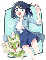 1girl :d aqua_coat aqua_eyes black_hair blue_shorts border coat commentary_request hair_ornament hairclip hand_up haruto_irasuto highres holding holding_poke_ball jewelry liko_(pokemon) looking_down necklace nintendo open_clothes open_coat open_mouth poke_ball poke_ball_(basic) pokemon pokemon_(anime) pokemon_(creature) pokemon_horizons shirt shorts signature smile sprigatito white_border white_shirt