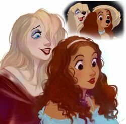 Rule 34 | 2girls, animal collar, animal ears, artist request, blonde hair, blue collar, blue eyes, breasts, brown hair, cleavage, collar, dog, hair over one eye, lady (disney), lady and the tramp, long hair, looking at viewer, makeup, multiple girls, non-web source, one eye covered, open mouth, parted lips, peg (disney), personification, reference inset, scene reference, simple background, smile, source request, tail, teeth, wavy hair