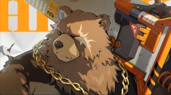 1boy animal_ears bear bear_boy bear_ears ben_bigger black_shirt brown_fur chain chain_necklace furry furry_male gold_necklace highres holding holding_weapon jewelry male_focus mindscape_cinema_(zenless_zone_zero) necklace official_art resized scar scar_across_eye scar_on_face shirt solo third-party_edit torn_clothes upper_body upscaled weapon zenless_zone_zero