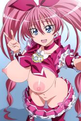 1girl absurdres blue_eyes bow breasts choker cure_melody frilled_skirt frills hair_bow highres houjou_hibiki large_breasts long_hair looking_at_viewer nipples oimanji pink_bow pink_choker pink_shirt pink_shoes pink_skirt pink_thighhighs precure shirt shoes skirt smile solo suite_precure teeth thighhighs twintails upper_teeth_only v very_long_hair