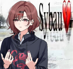 Rule 34 | 1girl, black sweater, brown hair, closed mouth, commentary, english commentary, hair ornament, hairclip, hands up, higuchi madoka, idolmaster, idolmaster shiny colors, long sleeves, mole, mole under eye, nonbire, purple eyes, purple nails, short hair, solo, sweater, swept bangs, sybau guy