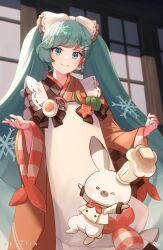 1girl animal apron artist_name badge bell_pepper bow brown_kimono button_badge carrot_slice chef_hat cowboy_shot ebbilin fork_hair_ornament green_pepper hardboiled_egg hat hatsune_miku japanese_clothes kappougi kimono looking_at_viewer lotus_root one_eye_closed rabbit rabbit_yukine sliding_doors smile spoon_hair_ornament squash vocaloid white_bow yuki_miku yuki_miku_(2024)