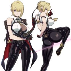 1girl arm_strap black_gloves black_pants blonde_hair breasts chest_harness earrings elbow_gloves evelyn_chevalier gloves half_gloves harness high-waist_pants highres jewelry large_breasts latex_pants long_ribbon looking_at_viewer mole mole_under_eye necktie pants purple_eyes ring_hair_ornament saint_laurent_paris shirt short_hair single_elbow_glove single_half_glove solo tight_clothes tight_pants uneven_bangs white_shirt yellow_necktie zenless_zone_zero