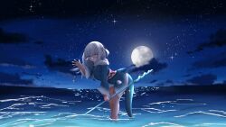 1girl animal_costume blue_hair blue_hoodie blush closed_mouth full_moon gawr_gura gawr_gura_(1st_costume) grey_hair hair_ornament highres hololive hololive_english hood hoodie male_focus medium_hair moon multicolored_hair night night_sky shark_costume shark_hair_ornament sky smile solo star_(sky) starry_sky streaked_hair tears two_side_up varo_006 virtual_youtuber wading water waving