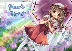 1girl ascot blush bow crystal fang female_focus flandre_scarlet flower hat hat_bow hydrangea kazura open_mouth pantyhose puffy_sleeves red_eyes short_sleeves solo standing touhou umbrella wings