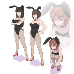 Rule 34 | 3girls, absurdres, breasts, brown eyes, brown hair, cleavage, commentary, crossed arms, empty eyes, english commentary, fishnet pantyhose, fishnets, girls und panzer, high heels, highres, huaronanago, large breasts, leotard, long hair, mature female, medium breasts, medium hair, mother and daughter, multiple girls, nishizumi maho, nishizumi miho, nishizumi shiho, orange eyes, orange hair, pantyhose, playboy bunny, serious