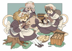 3girls animal_ear_fluff animal_ears apron back_bow bag basket beret black_dress black_eyes black_shoes blonde_hair bow brown_gloves brown_hair bucket cat_ears cat_girl cat_tail closed_mouth dark-skinned_female dark_skin dress edoya_inuhachi fluffy_hair food full_body furry gloves grass grey_hair hashtag-only_commentary hat holding holding_food holding_knife knife log long_dress long_hair looking_at_another low-tied_long_hair maid mary_janes mouse_ears mouse_girl multiple_girls original peeling potato shoes sitting sitting_on_log sitting_on_tree_stump snout socks tail tree_stump victorian_maid white_apron white_bow white_hat white_socks wooden_bucket