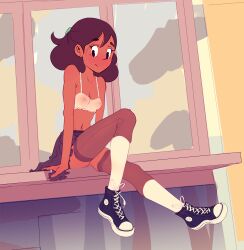 Rule 34 | 1girl, bare shoulders, bra, breasts, brown hair, connie maheswaran, converse, covered erect nipples, dark-skinned female, dark skin, earrings, full body, highres, indoors, jearz, jewelry, light smile, medium hair, navel, nipples, see-through bra, see-through clothes, single earring, sitting, skirt, socks, solo, steven universe, thighhighs, underwear, window