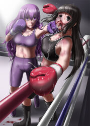 2girls blood boots boxing boxing_gloves boxing_ring boxing_shorts catfight galapagos_syndrome highres multiple_girls nosebleed punching ryona shorts sports_bra sweat
