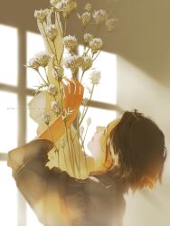 androgynous artist_name black_shirt brown_hair flower highres indoors light_rays long_sleeves original rido_(ridograph) shirt short_hair solo upper_body watermark web_address white_flower window