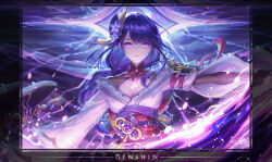 1girl arm_up armor asymmetrical_sleeves blunt_bangs braid breasts bridal_gauntlets chest_tattoo cleavage closed_mouth cloud cloudy_sky electricity genshin_impact glowing glowing_tattoo hair_ornament highres japanese_clothes kanmai_x_sou kimono large_breasts long_braid long_hair looking_at_viewer mitsudomoe_(shape) mixed-language_commentary neck_ribbon off_shoulder powering_up purple_eyes purple_kimono raiden_shogun red_ribbon red_sash ribbon sash shoulder_armor single_braid sky solo storm tattoo tomoe_(symbol) uneven_sleeves upper_body wide_sleeves
