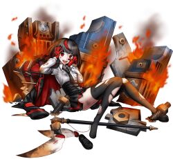 1girl alternate_color alternate_costume alternate_eye_color alternate_form alternate_hair_color alternate_hairstyle black_hair black_jacket black_shoes black_thighhighs cane crossover danganronpa:_trigger_happy_havoc danganronpa_(series) female_focus fire full_body hope&#039;s_peak_academy humanization jacket kibogamine_gakuen looking_at_viewer multiple_expressions official_art one_shoe one_shoe_removed open_mouth oshiro_project:re red_eyes red_hair school shoes simple_background smile solo standing tagme teeth thighhighs torn_clothes torn_thighhighs transparent_background unworn_shoes upper_teeth_only