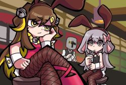 1boy 2girls animal_ears bar_(place) bartender bell black_leotard blonde_hair bow bowtie breasts brown_hair crossed_legs cup detached_collar dog_ears drinking drinking_straw fake_animal_ears fishnet_pantyhose fishnets grey_eyes grey_hair hair_bell hair_ornament hair_ribbon hairclip hand_on_own_chin hand_on_own_face leotard long_hair multicolored_hair multiple_girls nervous on_chair panty_&amp;_stocking_with_garterbelt pantyhose parody playboy_bunny rabbit_ears rabbit_tail red_footwear red_leotard ribbon shoes short_twintails sitting small_breasts streamer style_parody sweat sweatdrop taemtaembeorin tail tam_tambourine tubo_(streamer) twintails wrist_cuffs yangazi_(dkwl025) yellow_eyes