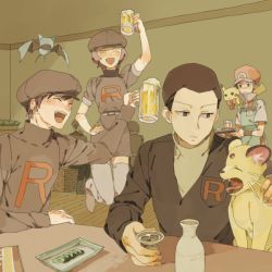 00s 1990s_(style) 1girl 3boys alternate_costume bad_id bad_pixiv_id bow bowtie clothed_pokemon clothes_writing creatures_(company) food game_freak gen_1_pokemon gero_(artist) gero_(hitoridenka) giovanni_(pokemon) holding multiple_boys nintendo npc_trainer persian pikachu pokemon pokemon_(creature) pokemon_frlg pokemon_hgss pokemon_rgby red_(pokemon) red_(pokemon_frlg) retro_artstyle team_rocket team_rocket_grunt thighhighs zubat