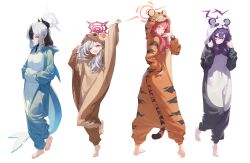 4girls alternate_costume animal_costume animal_print aru_(blue_archive) barefoot black_hair black_horns blue_archive blush choker commentary cosplay demon_horns grey_hair grey_halo hair_between_eyes hair_ornament hairclip halo haruka_(blue_archive) highres horns kayoko_(blue_archive) kigurumi long_hair looking_at_viewer multicolored_hair multiple_girls mutsuki_(blue_archive) open_mouth orange_halo panda_costume pink_hair problem_solver_68_(blue_archive) purple_eyes purple_hair purple_halo red_eyes red_halo ritae shark_costume simple_background smile squirrel_costume tiger_costume tiger_print two-tone_hair v white_background white_hair yellow_eyes