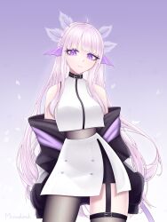 1girl absurdres axolotl axolotl_girl belt clip_studio_paint_(medium) highres jacket looking_at_viewer moovalandi pink_hair purple_eyes simple_background skirt solo thighhighs virtual_youtuber