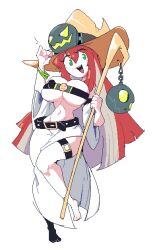 1girl 2024 :d adjusting_clothes adjusting_headwear alternate_breast_size alternate_costume arc_system_works asymmetrical_legwear belt belt_bra black_belt bracelet breasts brown_hat clenched_hand collarbone colored_inner_hair commentary curvy detached_sleeves english_commentary feet full_body gountro green_eyes groin guilty_gear guilty_gear_strive hat holding holding_staff huge_breasts jack-o&#039;_valentine jewelry multicolored_hair narrow_waist navel open_mouth pixel_art red_hair skirt smile solo staff standing standing_on_one_leg straight_hair thighs two-tone_hair white_hair white_skirt wide_sleeves witch_hat