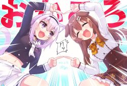 2girls ahoge animal_ears bone_hair_ornament bow brown_hair cat_ears cat_tail closed_eyes dated dog_ears fangs fusion_dance hair_ornament hairband hikawa_shou hololive inugami_korone inugami_korone_(street) midriff multiple_girls nekomata_okayu nekomata_okayu_(casual) pointing purple_eyes purple_hair shorts signature skirt tail virtual_youtuber