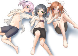 3girls ahoge artist_name barefoot bike_shorts black_hair black_shorts blue_eyes bra brown_hair collarbone collared_shirt commentary_request dress_shirt flat_chest full_body green_eyes groin hair_ribbon kagerou_(kancolle) kagerou_kai_ni_(kancolle) kantai_collection kuroshio_(kancolle) long_hair looking_at_viewer lying midriff multiple_girls navel one-hour_drawing_challenge open_clothes open_shirt own_hands_clasped own_hands_together pink_hair ponytail purple_bra ray.s ribbon shiranui_(kancolle) shiranui_kai_ni_(kancolle) shirt short_ponytail short_sleeves shorts simple_background solo twintails underwear white_background white_bra white_ribbon white_shirt