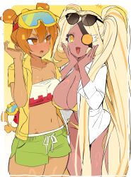 Rule 34 | 2girls, :d, @ @, alternate hairstyle, bad id, bad twitter id, bikini, black-framed eyewear, blonde hair, blush, border, breasts, brown hair, coat, collared coat, collared shirt, cookie run, cookie run: ovenbreak, cosmos gear, cowboy shot, croissant cookie, croissant cookie (sodagun developer), dark-skinned female, dark skin, dot nose, double-parted bangs, double bun, dual persona, eyepatch, eyewear on head, goggles, goggles on head, green swim trunks, hair between eyes, hair bun, hands on own cheeks, hands on own face, highres, humanization, large breasts, long hair, looking at another, lower teeth only, micro bikini, multicolored hair, multiple girls, navel, official alternate costume, official alternate hairstyle, ohta guk hip, one eye covered, open clothes, open coat, open mouth, open shirt, orange eyes, orange hair, outside border, shirt, short sleeves, simple background, single bare shoulder, small breasts, smile, standing, strapless, streaked hair, sunglasses, sweat, swimsuit, teeth, three-quarter sleeves, timekeeper cookie, tongue, tube top, twintails, two-tone hair, v-shaped eyebrows, very long hair, white border, white coat, white tube top, yellow background, yellow bikini, yellow shirt