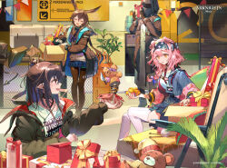 1other 3girls amiya_(arknights) animal_ears arknights ascot black_coat black_gloves black_hair black_hairband black_jacket blue_ascot blue_skirt book box braid breasts brown_hair brown_pantyhose cabinet cardboard_box cat_ears chain closed_eyes closure_(act_ii)_(arknights) closure_(arknights) coat commentary company_name copyright_name doctor_(arknights) feet_out_of_frame file_cabinet gift gloves goldenglow_(arknights) hairband highres holding holding_gift hood hood_up hooded_coat indoors infection_monitor_(arknights) jack-in-the-box jacket lab_coat lightning_bolt_print long_hair mask medium_breasts medium_hair multiple_girls offering_hand official_art open_clothes open_jacket pantyhose pillow pink_hair plaid_clothes plaid_skirt plant pleated_skirt pointy_ears potted_plant rabbit_ears red_eyes shirt side_braid sitting skirt string_of_flags stuffed_animal stuffed_toy teddy_bear thighhighs upper_body water_cooler white_coat white_shirt white_thighhighs xianchong_shi