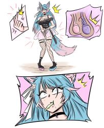 1futa animal_ears collar fishnet_thighhighs fishnets flower futanari hair_flower hair_ornament multicolored_hair ocigart see-through_clothes see-through_skirt skirt testicular_torsion thighhighs two-tone_hair vomit x-ray