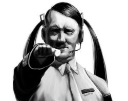 Rule 34 | 1boy, adolf hitler, cosplay, crossdressing, crossdressing (mtf), crossover, detached sleeves, facial hair, greyscale, hatsune miku, hatsune miku (cosplay), headphones, kpuro, long hair, male focus, microphone, monochrome, mustache, necktie, parody, real life, real life insert, salute, satire, simple background, solo, straight-arm salute, toothbrush mustache, twintails, vocaloid, what