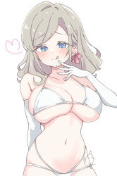 1girl :q absurdres alternate_costume bare_shoulders bikini blue_eyes blush breasts ceras_yanagida_lilienfeld cleavage closed_mouth collarbone commentary elbow_gloves gloves grey_hair hair_intakes hair_ribbon halterneck heart highres large_breasts link!_like!_love_live! looking_at_viewer love_live! multi-strapped_bikini_bottom navel pink_ribbon raised_inner_eyebrows ribbon rokoroko_65 signature simple_background skindentation smile smug solo split_mouth stomach string_bikini swimsuit tongue tongue_out upper_body virtual_youtuber wavy_hair white_background white_gloves