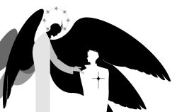 2boys benkdjjituibot black_hair black_wings coat demon_horns faceless feathered_wings greyscale halo halo_behind_head height_difference highres horns kim_dokja looking_at_another monochrome multiple_boys multiple_wings offering_hand official_alternate_costume omniscient_reader&#039;s_viewpoint outstretched_hand reaching reaching_towards_another silhouette sparkle standing white_coat white_hair wings yoo_joonghyuk