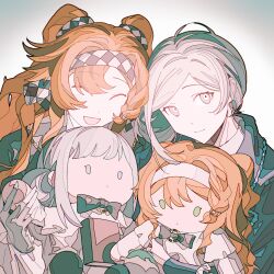 Rule 34 | 2girls, ^ ^, black coat, character doll, checkered hairband, closed eyes, closed mouth, coat, doll, facing viewer, grey eyes, grey hair, hair bun, hairband, highres, holding, holding doll, hugging doll, hugging object, long hair, looking at viewer, multiple girls, open mouth, orange hair, reverse:1999, short hair, single side bun, smile, sonetto (reverse:1999), two side up, vertin (reverse:1999), white background, zhizhizi