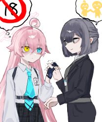 2girls absurdres ahoge bad_id bad_pixiv_id blazer blue_archive blue_eyes censored_thought collared_shirt cowboy_shot dress_shirt female_sensei_(blue_archive) grey_eyes grey_hair gyogyo150 hair_between_eyes half_updo halo happy heterochromia highres holding_hands holding_hands_is_lewd hoshino_(blue_archive) jacket long_hair long_sleeves looking_at_another multiple_girls necktie office_lady pants pink_hair pink_halo school_uniform sensei_(blue_archive) shaded_face shirt short_hair simple_background smile thinking trembling very_long_hair white_background yellow_eyes
