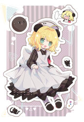 1girl absurdres ahoge animal_ears apron bear_ears black_dress black_shoes blonde_hair blush blush_stickers di_gi_charat dress full_body green_eyes hat highres long_sleeves looking_at_viewer nazo_gema open_mouth piyoko sakana_nosuke shoes socks white_apron white_socks