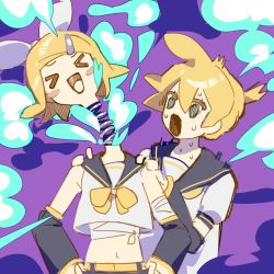 &gt;_&lt; :d aqua_eyes bandaged_arm bandaged_chest bandages bare_shoulders black_sailor_collar blonde_hair blush_stickers bow chi_ya commentary crop_top disembodied_head flinch hair_bow halloween hands_on_another&#039;s_shoulders hands_on_own_hips heart highres jack-in-the-box kagamine_len kagamine_rin midriff navel neckerchief nervous_sweating open_mouth ponytail prank purple_background sailor_collar scared shirt short_hair short_ponytail smile smoke spiked_hair spring_(object) surprised sweat symbol-only_commentary upper_body vocaloid white_bow white_shirt xd yellow_neckerchief