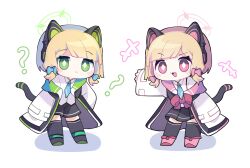 +++ 2girls :3 :d ? animal_ear_headphones animal_ears aqua_bow aqua_necktie arm_at_side ben-day_dots black_boots black_coat black_shorts black_skirt black_thighhighs blonde_hair blue_archive blunt_bangs blush_stickers boots bow bright_pupils cat_ear_headphones cat_ears chibi chibi_only closed_mouth coat collared_shirt commentary diamond-shaped_pupils diamond_(shape) fake_animal_ears full_body green_coat green_eyes green_halo hair_bow halo headphones highres leaning_forward long_sleeves looking_at_viewer low-tied_sidelocks midori_(blue_archive) momoi_(blue_archive) multicolored_coat multiple_girls necktie ngawa open_clothes open_coat open_mouth outstretched_arm parted_bangs pink_boots pink_bow pink_coat pink_eyes pink_halo pleated_skirt school_uniform screentones shadow shirt short_hair short_shorts shorts siblings sidelocks simple_background single_off_shoulder sisters skirt smile standing suspender_skirt suspenders symbol-shaped_pupils thighhighs twins untucked_shirt v-shaped_eyebrows white_background white_coat white_pupils white_shirt zettai_ryouiki