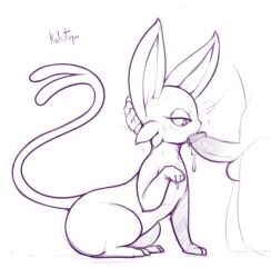 1boy animal_focus animal_sexualization artist_name bestiality blush breath erection espeon fellatio forked_tail from_side gen_2_pokemon greyscale half-closed_eyes hand_on_another&#039;s_head hand_up highres kekitopu looking_at_penis monochrome nintendo oral penis pokemon pokemon_(creature) signature simple_background sketch solo_focus sweat tail testicles uncensored white_background