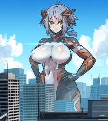 Rule 34 | 1girl, ahoge, artist name, blue hair, blue sky, bodysuit, breasts, building, city, cloud, colossus (natsukaze shigure), covered erect nipples, covered navel, day, giant, giantess, green eyes, grey hair, hair between eyes, hands on own hips, headgear, hexagon print, highres, impossible bodysuit, impossible clothes, large breasts, looking at viewer, magical girl, natsukaze shigure, original, outdoors, short hair, skin tight, sky, skyscraper, smile, solo, twintails